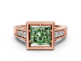 Rose gold Bezel Set Fancy Green Princess  Diamond Milgrain Pave Engagement Ring