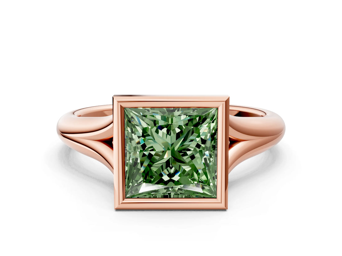 Rose gold Bezel Set Fancy Green Princess  Solitaire Diamond Ring with Smooth Band 1