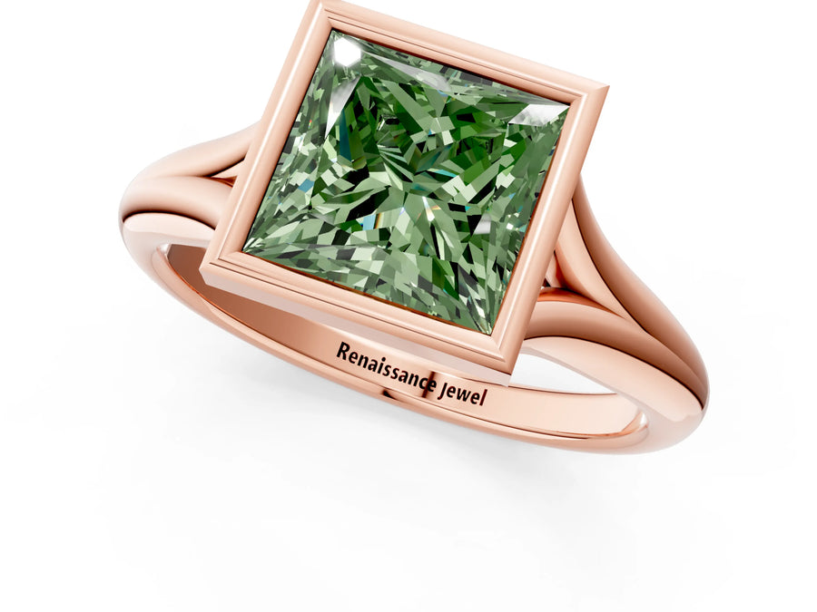Rose gold Bezel Set Fancy Green Princess  Solitaire Diamond Ring with Smooth Band