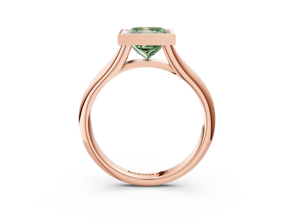 Rose gold Bezel Set Fancy Green Princess  Solitaire Diamond Ring with Smooth Band