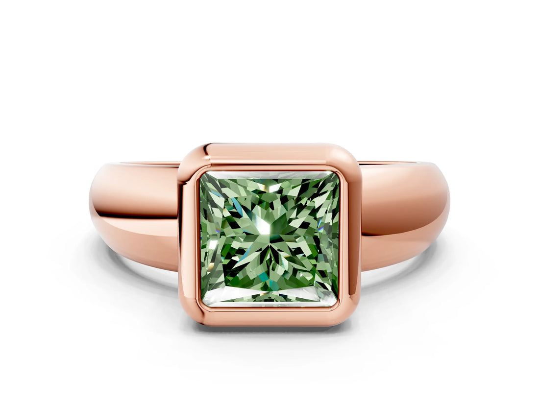 Rose gold Bezel Set Fancy Green Princess  Solitaire Ring with Wide Band 1