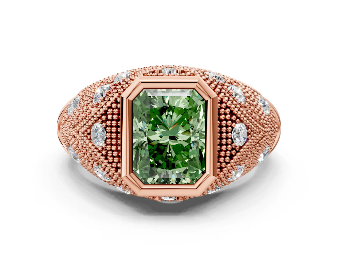 Rose gold Bezel Set Fancy Green Radiant Cut Diamond Milgrain Band Ring