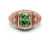 Rose gold Bezel Set Fancy Green Radiant Cut Diamond Milgrain Band Ring