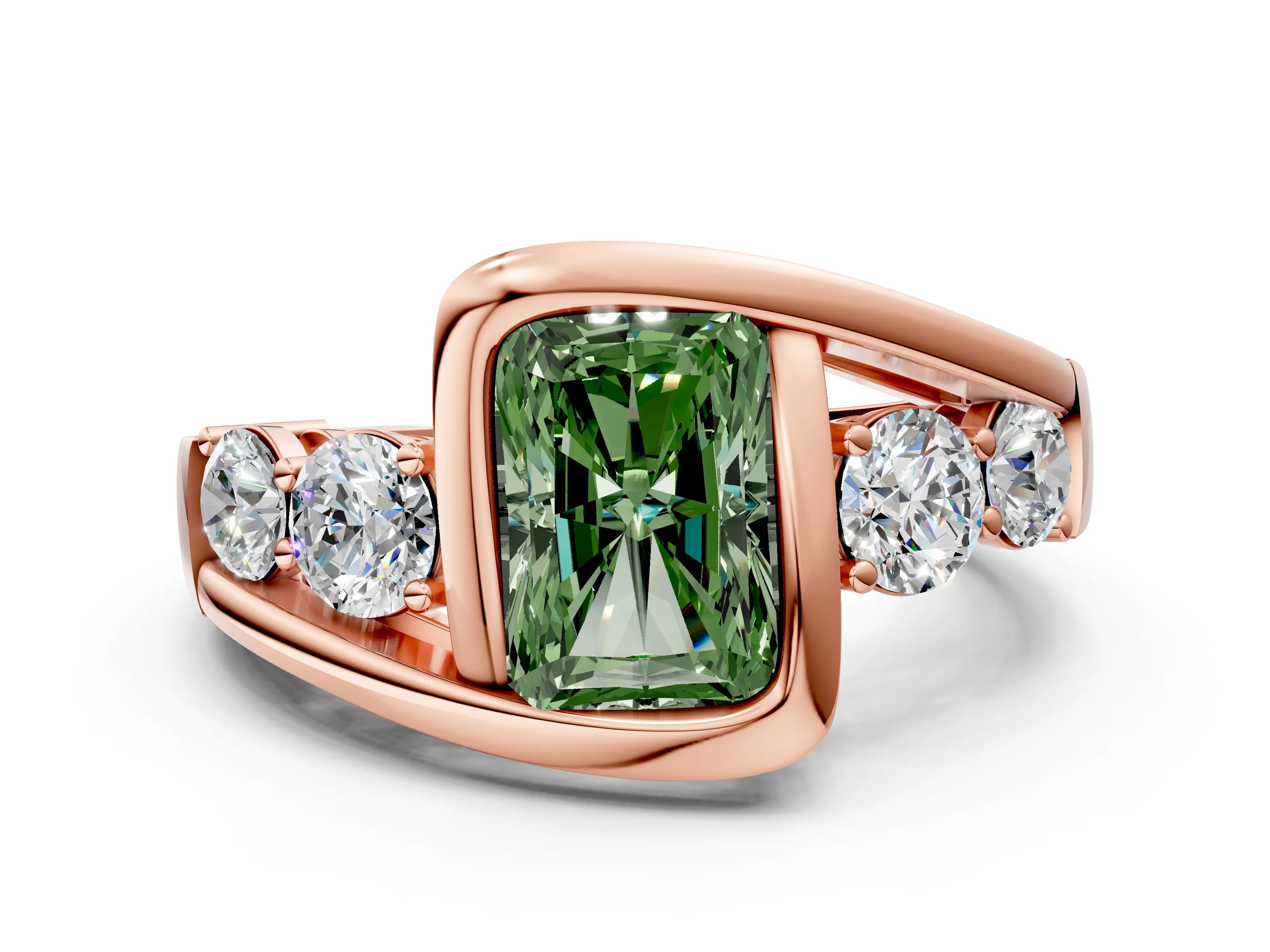 Rose gold Bezel Set Fancy Green Radiant Cut Diamond Split Shank Ring