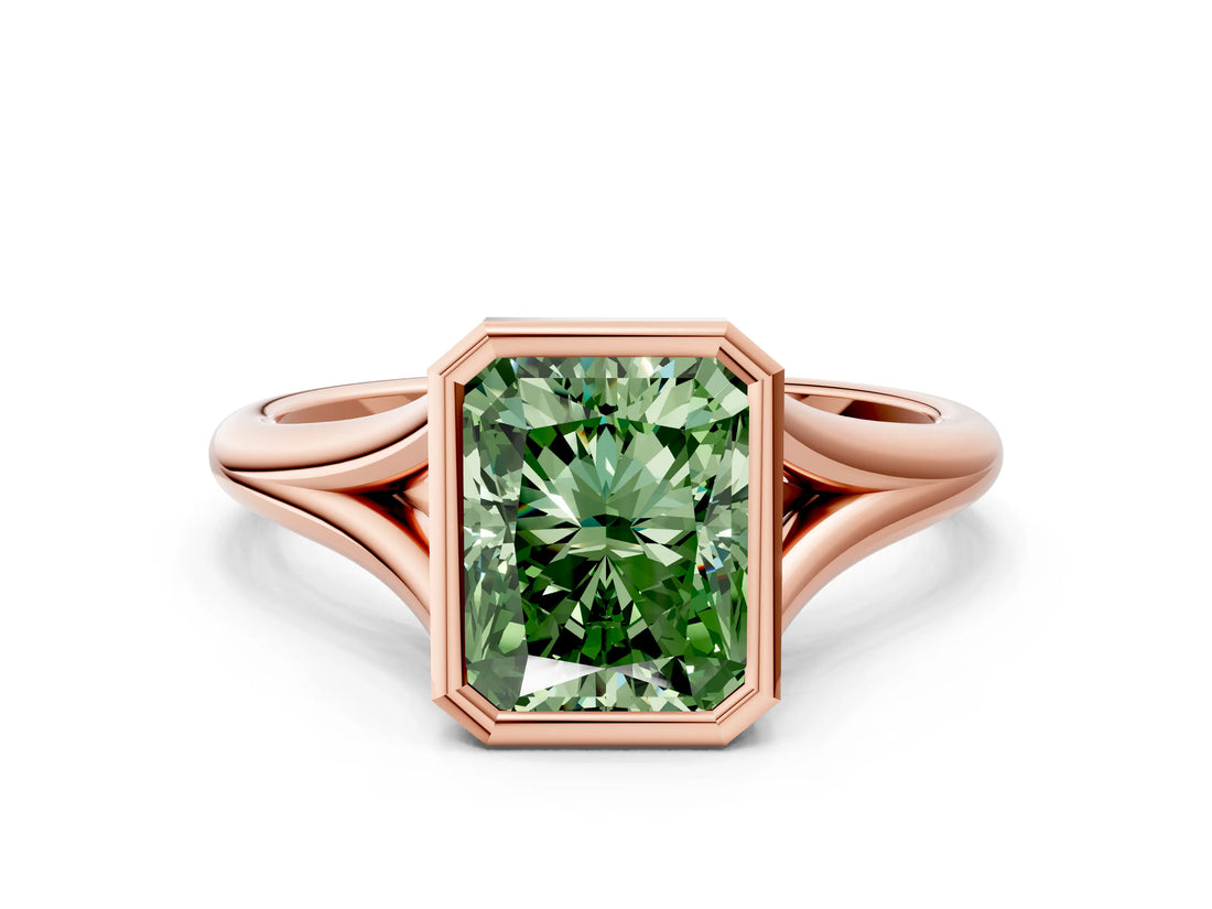 Rose gold Bezel Set Fancy Green Radiant  Cut Solitaire Ring with Tapered Band 1