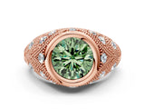 Rose gold Bezel Set Fancy Green Round Cut Diamond Milgrain Band Ring