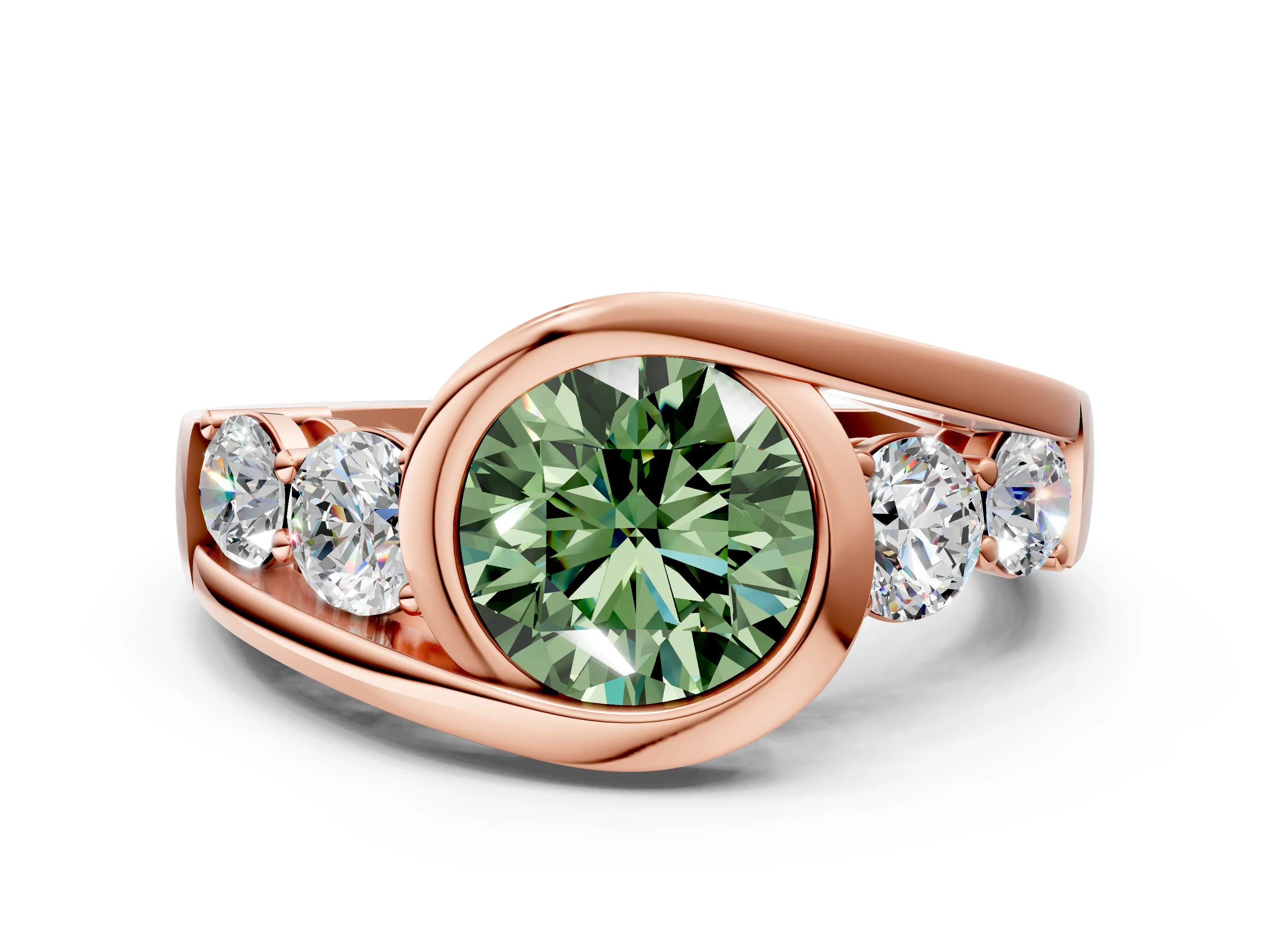 Rose gold Bezel Set Fancy Green Round Cut Diamond Split Shank Ring