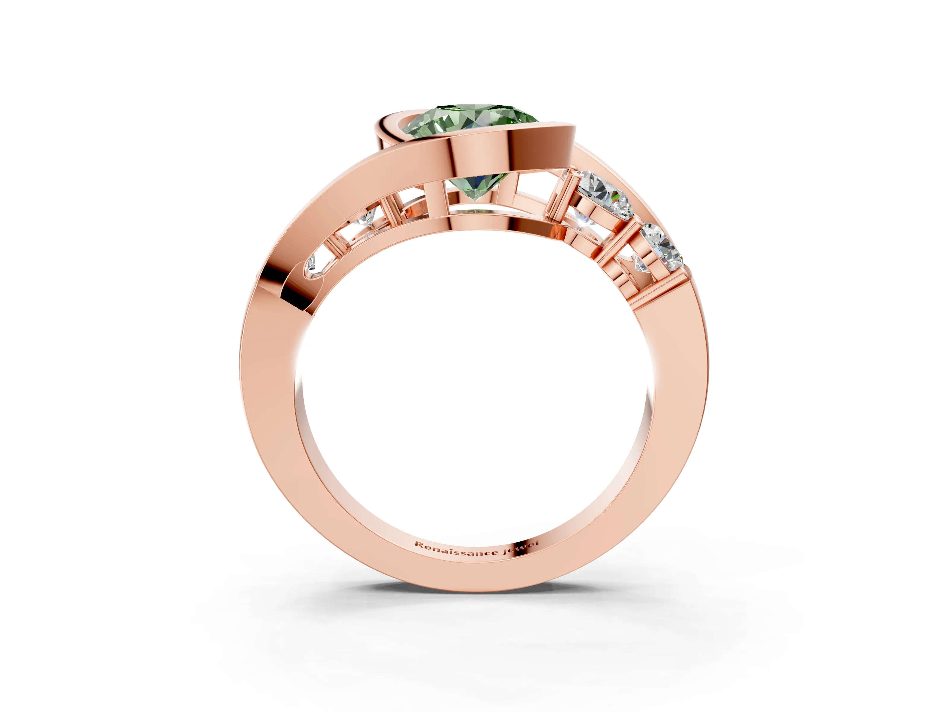 Rose gold Bezel Set Fancy Green Round Cut Diamond Split Shank Ring_3