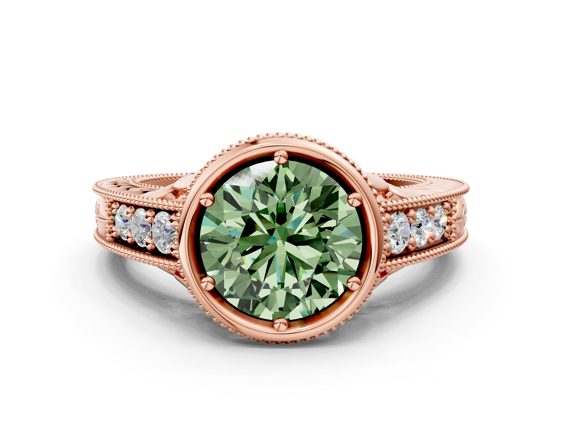 Rose gold Bezel Set Fancy Green Round  Diamond Milgrain Pave Engagement Ring_34