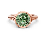 Rose gold Bezel Set Fancy Green Round  Solitaire Diamond Ring with Smooth Band