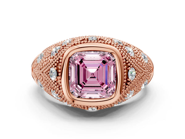Rose Gold Asscher Cut Vintage Bezel Engagement Ring Setting for Fancy Pink Center with Milgrain