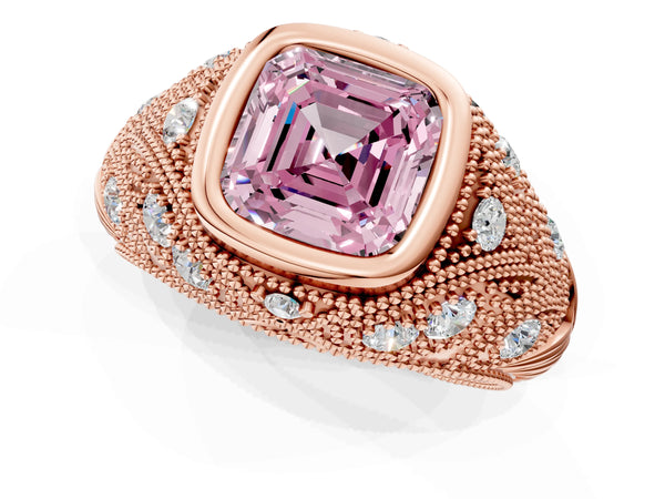 Rose Gold Asscher Cut Vintage Bezel Engagement Ring Setting for Fancy Pink Center with Milgrain