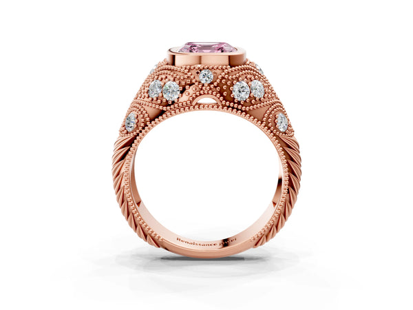 Rose Gold Asscher Cut Vintage Bezel Engagement Ring Setting for Fancy Pink Center with Milgrain