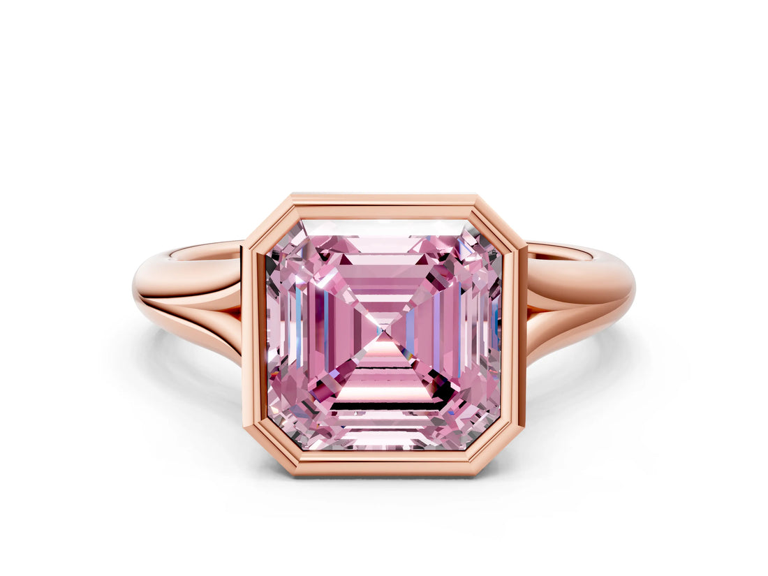 Rose gold Bezel Set Fancy Pink Asscher  Solitaire Diamond Ring with Smooth Band 2