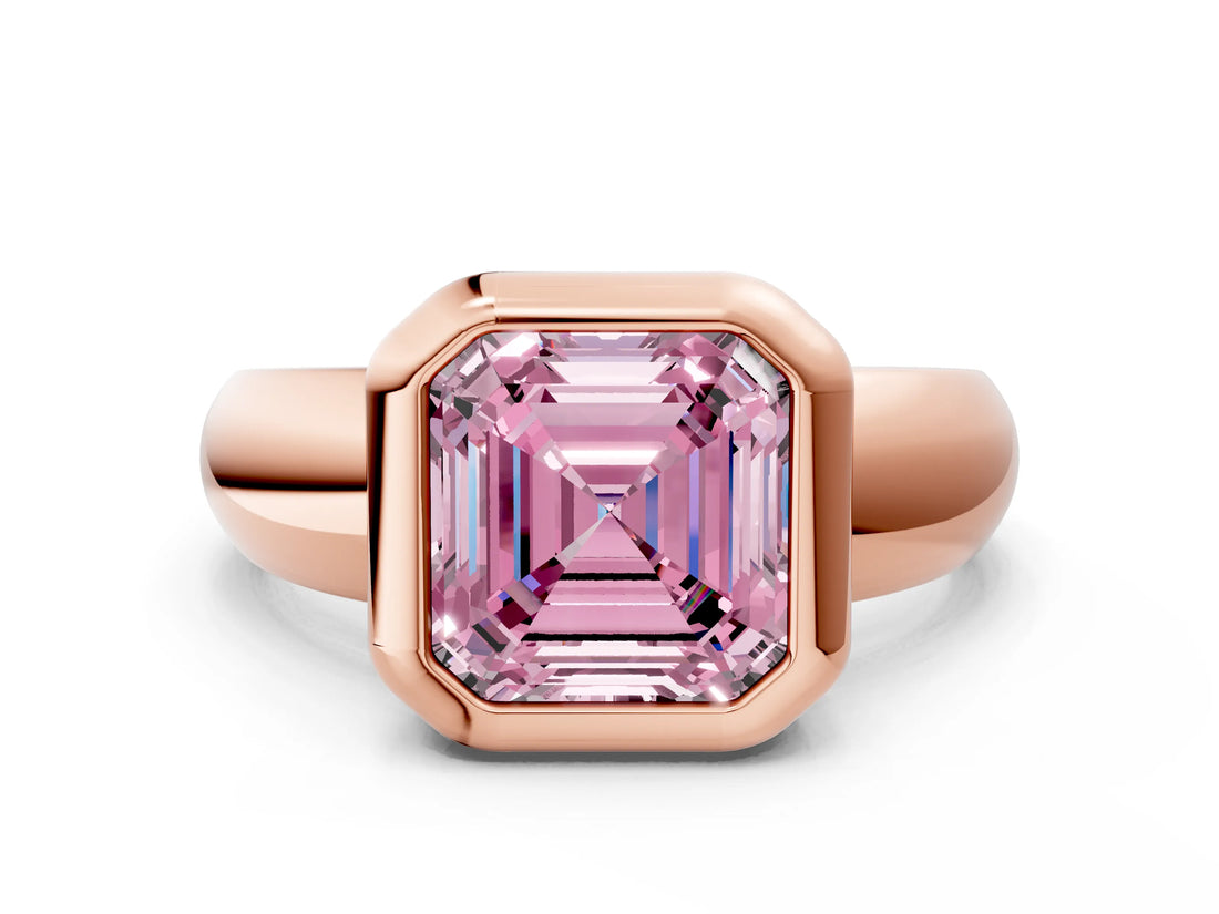 Rose gold Bezel Set Fancy Pink Asscher  Solitaire Ring with Wide Band