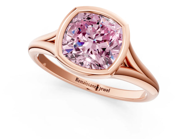 Rose gold Bezel Set Fancy Pink Cushion  Cut Solitaire Ring with Tapered Band
