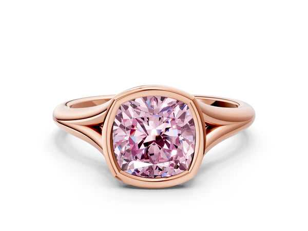 Rose gold Bezel Set Fancy Pink Cushion  Cut Solitaire Ring with Tapered Band