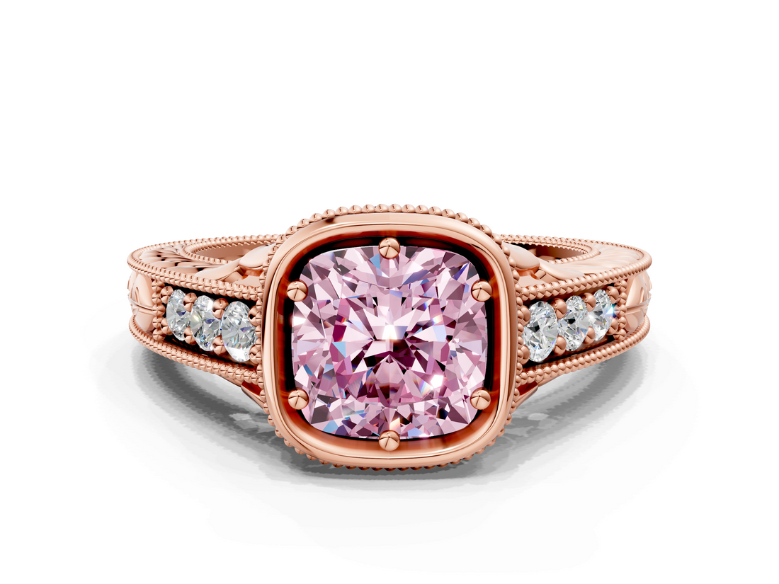 Rose gold Bezel Set Fancy Pink Cushion  Diamond Milgrain Pave Engagement Ring_32