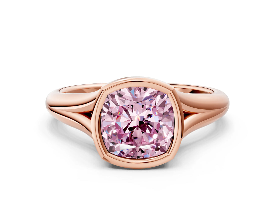 Rose gold Bezel Set Fancy Pink Cushion  Solitaire Diamond Ring with Smooth Band 1