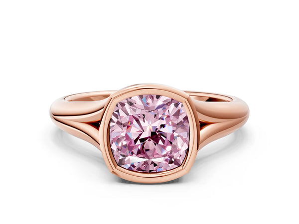 Rose Gold Cushion Cut Bezel Solitaire Engagement Ring Setting for Fancy Pink Center