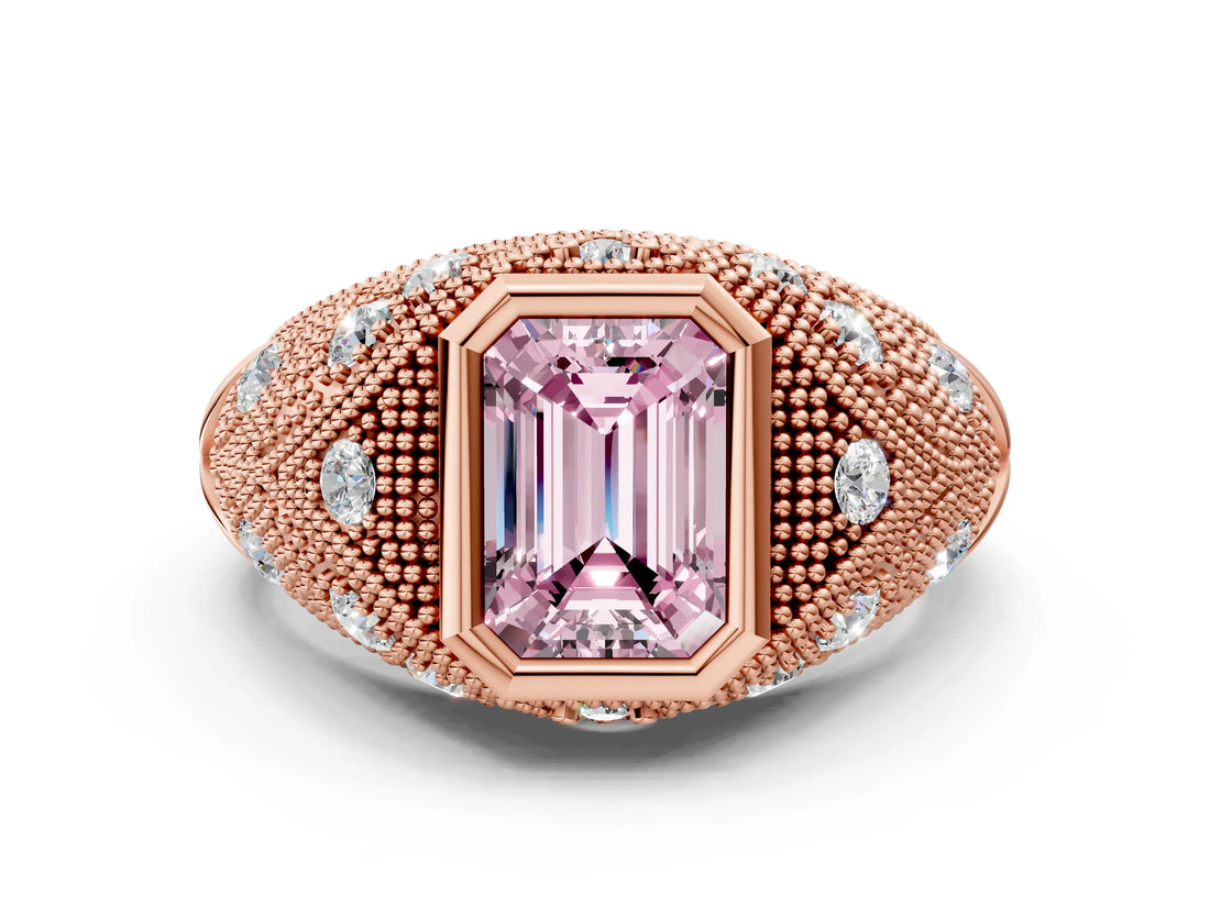 Rose gold Bezel Set Fancy Pink Emerald Cut Diamond Milgrain Band Ring