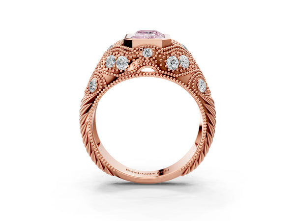 Rose Gold Emerald Cut Vintage Bezel Engagement Ring Setting for Fancy Pink Center with Milgrain