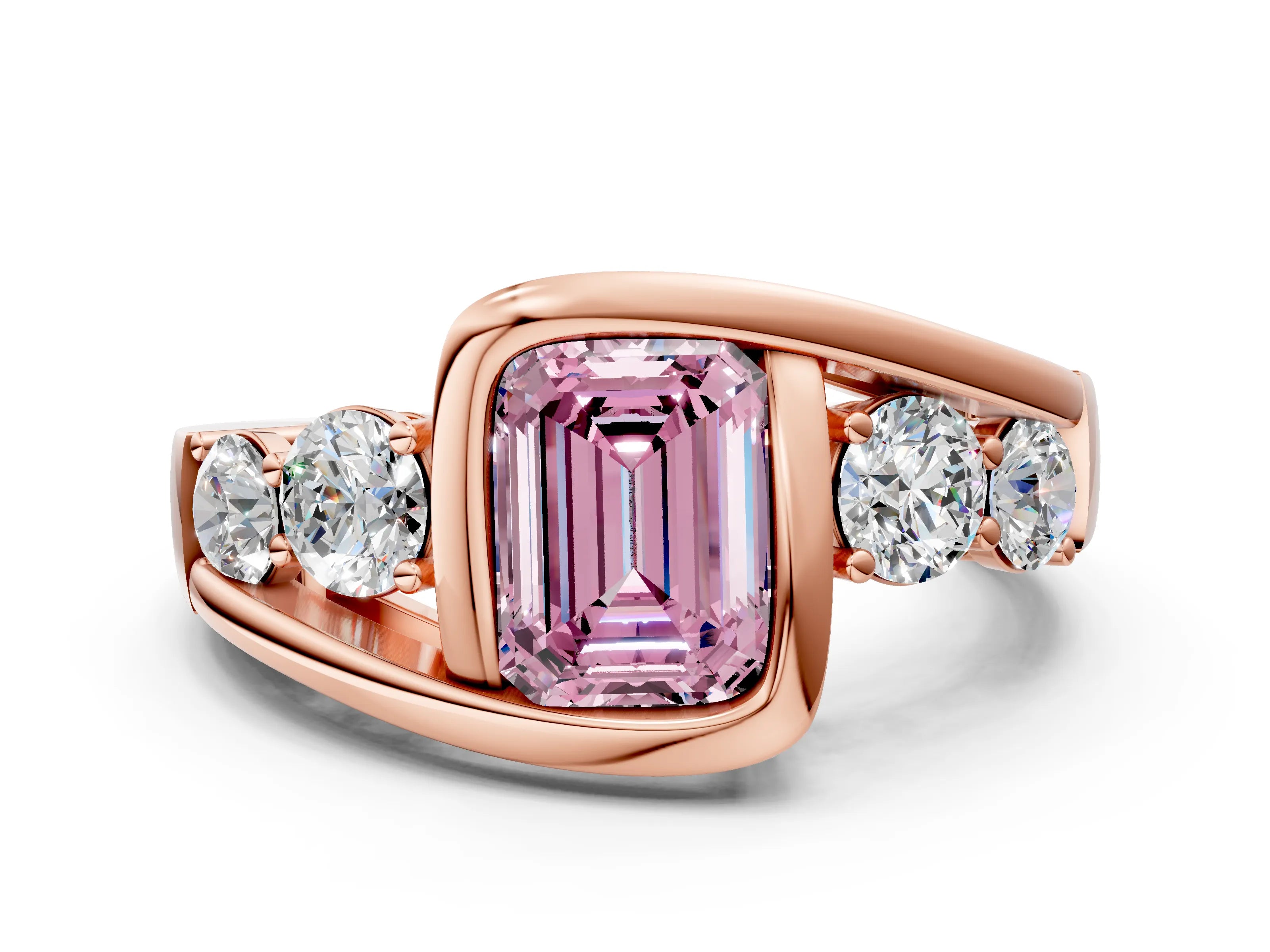 Rose gold Bezel Set Fancy Pink Emerald Cut Diamond Split Shank Ring
