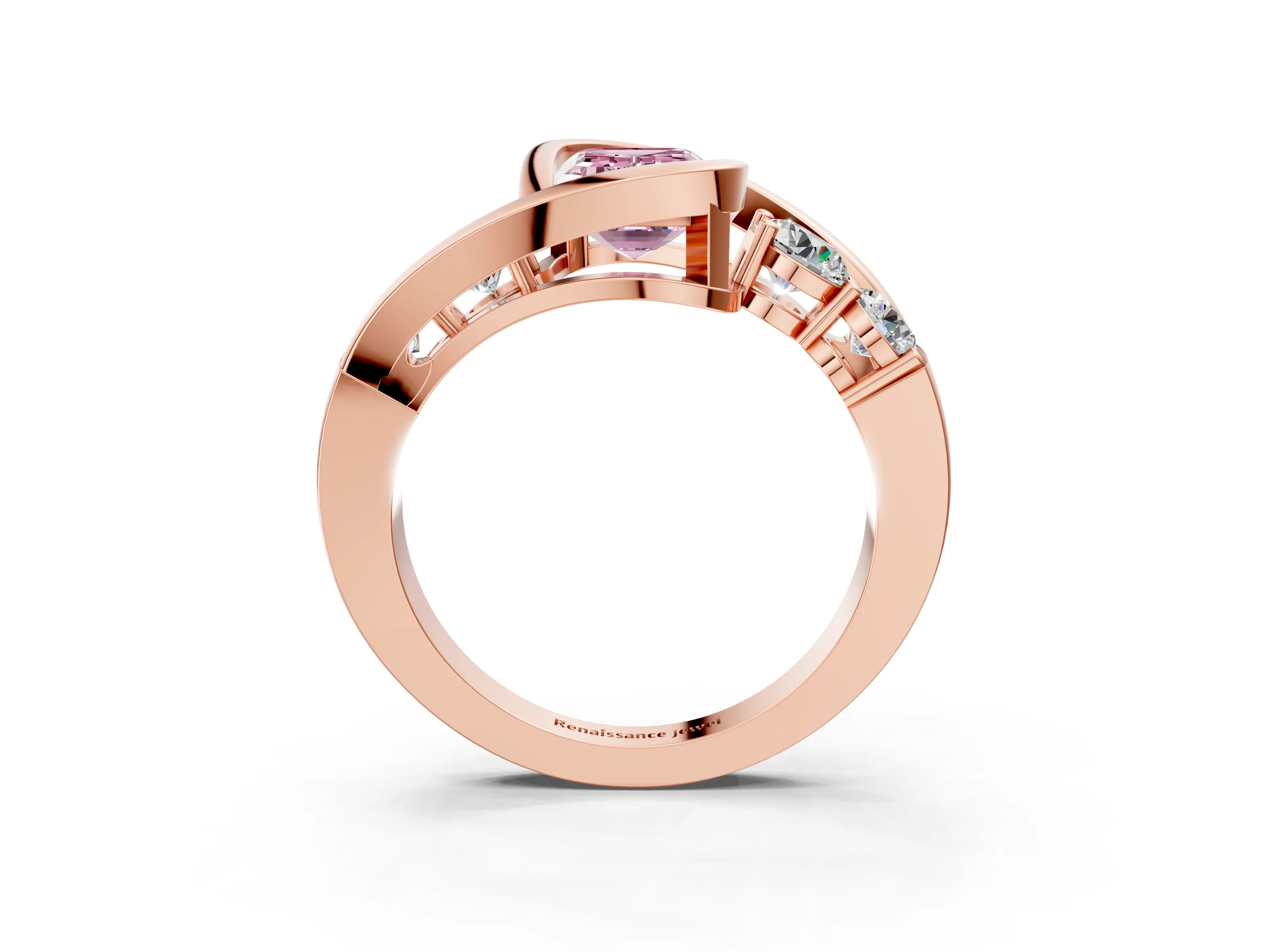Rose gold Bezel Set Fancy Pink Emerald Cut Diamond Split Shank Ring_3