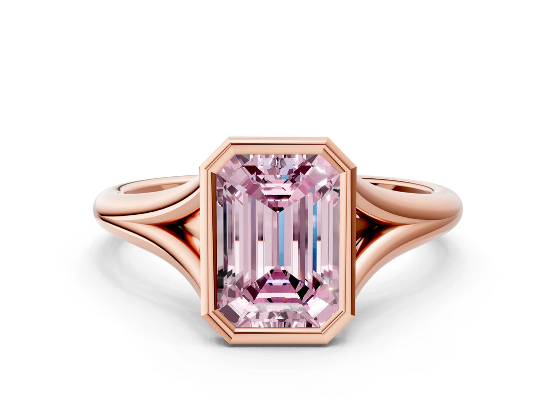 Rose gold Bezel Set Fancy Pink Emerald  Cut Solitaire Ring with Tapered Band 2