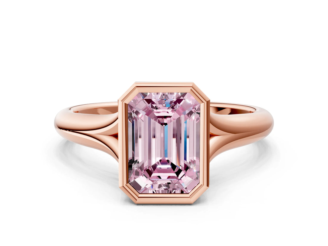 Rose gold Bezel Set Fancy Pink Emerald  Solitaire Diamond Ring with Smooth Band 1