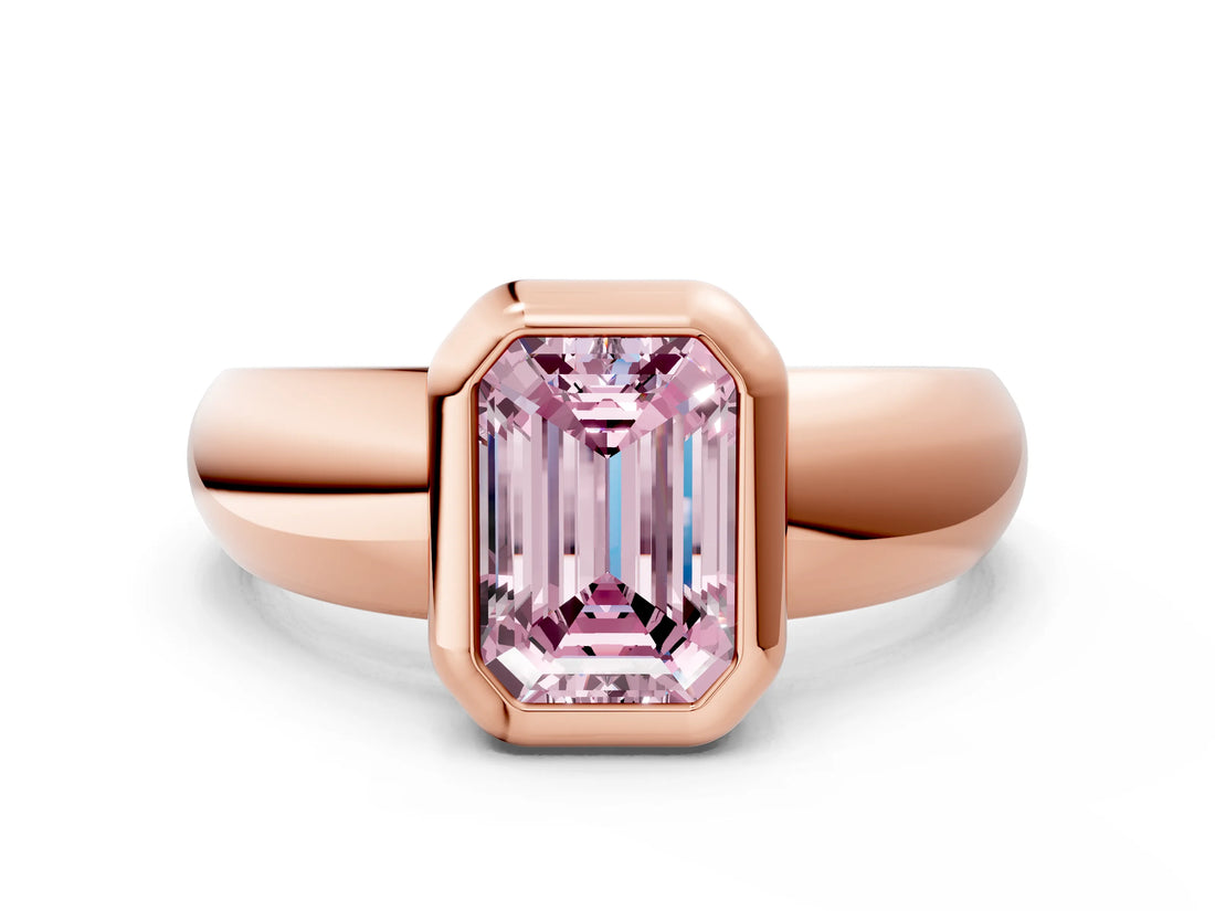 Rose gold Bezel Set Fancy Pink Emerald  Solitaire Ring with Wide Band 1