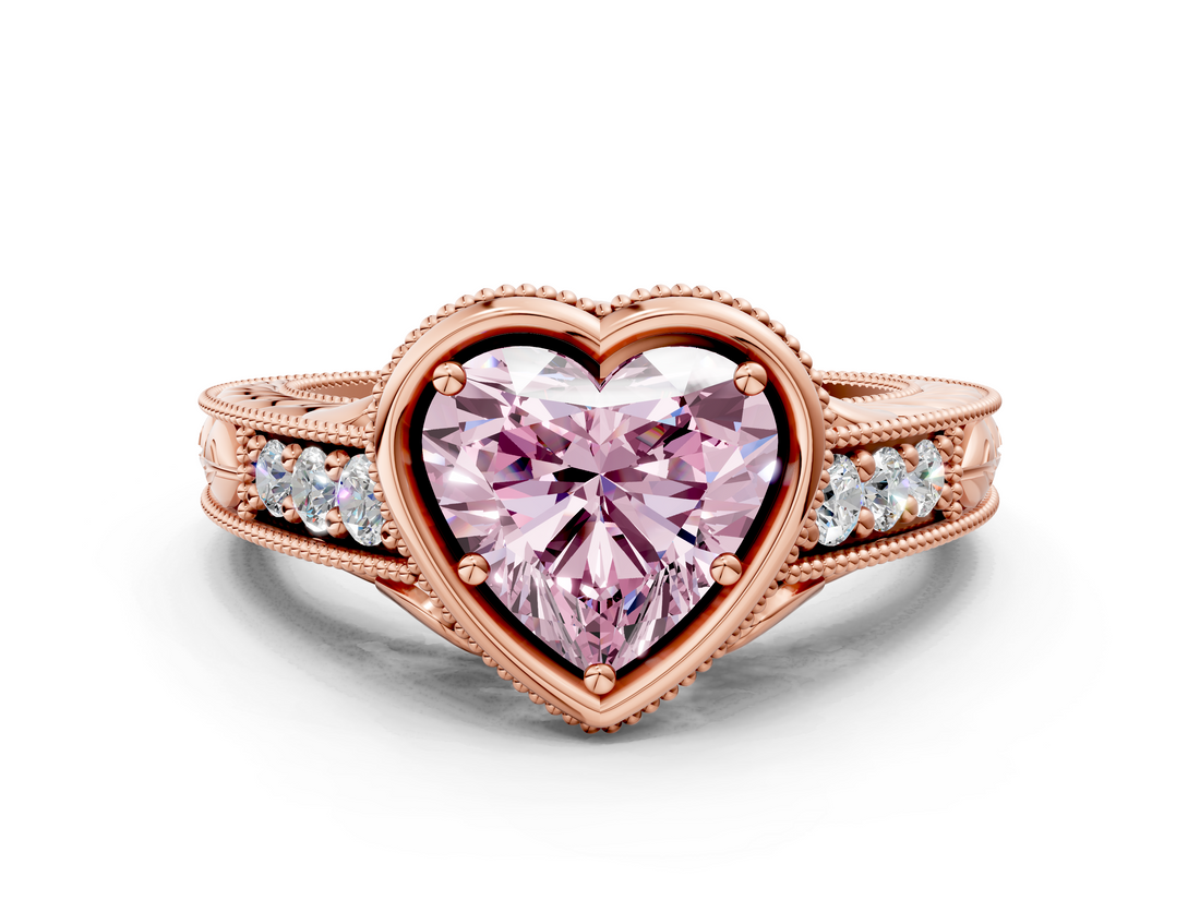Rose gold Bezel Set Fancy Pink Heart  Diamond Milgrain Pave Engagement Ring_32