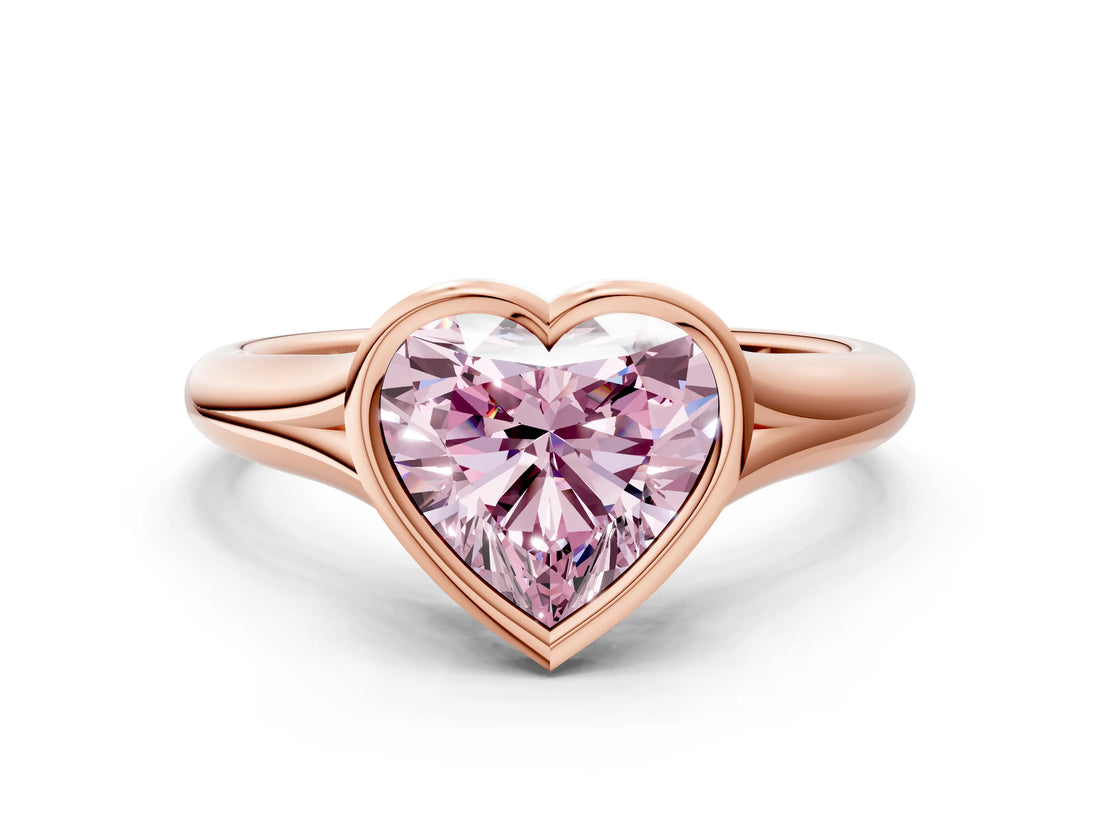 Rose gold Bezel Set Fancy Pink Heart  Solitaire Diamond Ring with Smooth Band