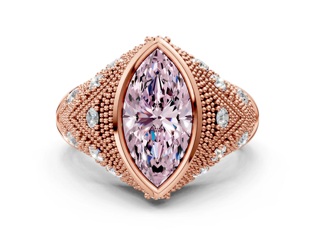 Rose gold Bezel Set Fancy Pink Marquise Cut Diamond Milgrain Band Ring