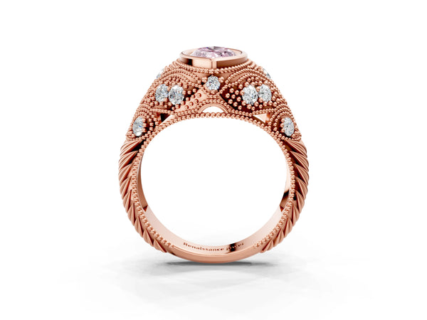 Rose Gold Marquise Vintage Bezel Engagement Ring Setting for Fancy Pink Center with Milgrain