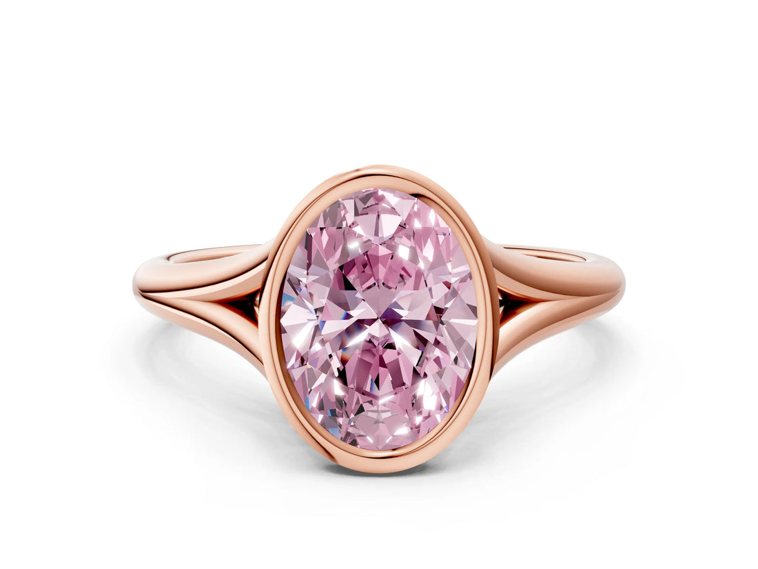 Rose gold Bezel Set Fancy Pink Oval  Cut Solitaire Ring with Tapered Band