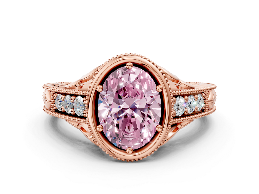 Rose gold Bezel Set Fancy Pink Oval  Diamond Milgrain Pave Engagement Ring_34