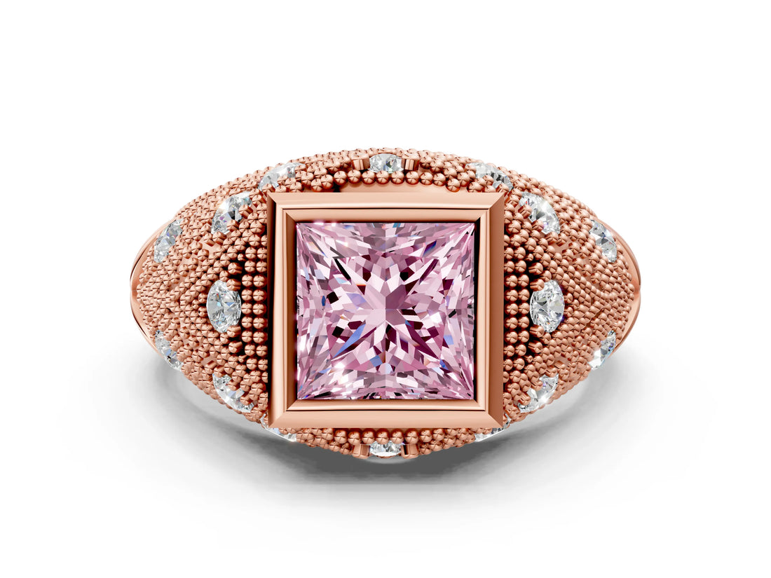 Rose gold Bezel Set Fancy Pink Princess Cut Diamond Milgrain Band Ring