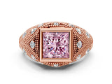 Rose gold Bezel Set Fancy Pink Princess Cut Diamond Milgrain Band Ring