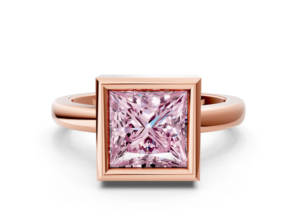 Rose gold Bezel Set Fancy Pink Princess Cut Solitaire Engagement Ring with Classic Band
