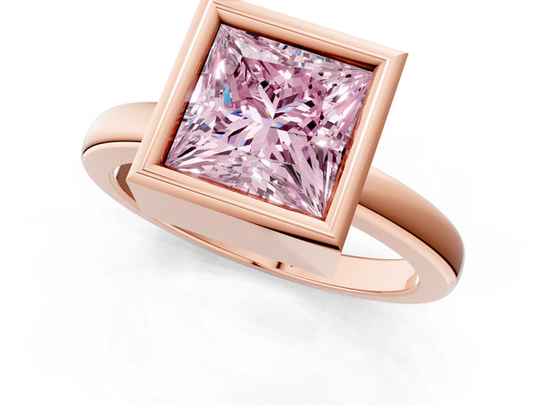 Rose gold Bezel Set Fancy Pink Princess Cut Solitaire Engagement Ring with Classic Band