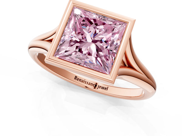 Rose gold Bezel Set Fancy Pink Princess  Cut Solitaire Ring with Tapered Band
