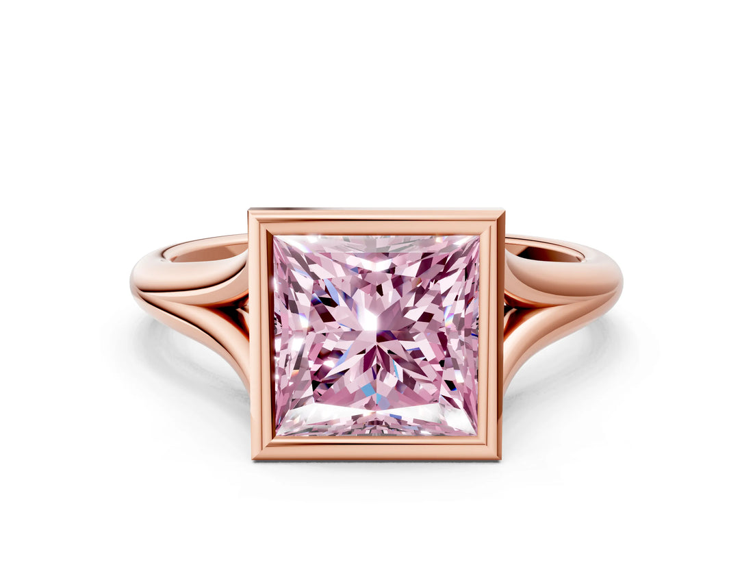 Rose gold Bezel Set Fancy Pink Princess  Cut Solitaire Ring with Tapered Band