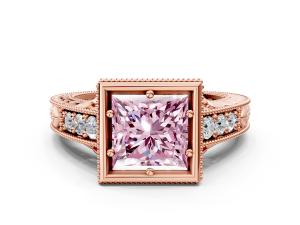 Rose gold Bezel Set Fancy Pink Princess  Diamond Milgrain Pave Engagement Ring