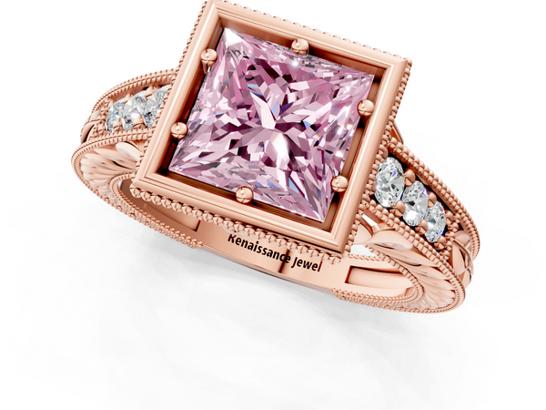 Rose gold Bezel Set Fancy Pink Princess  Diamond Milgrain Pave Engagement Ring