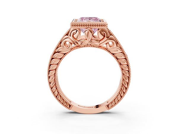 Rose gold Bezel Set Fancy Pink Princess  Diamond Milgrain Pave Engagement Ring