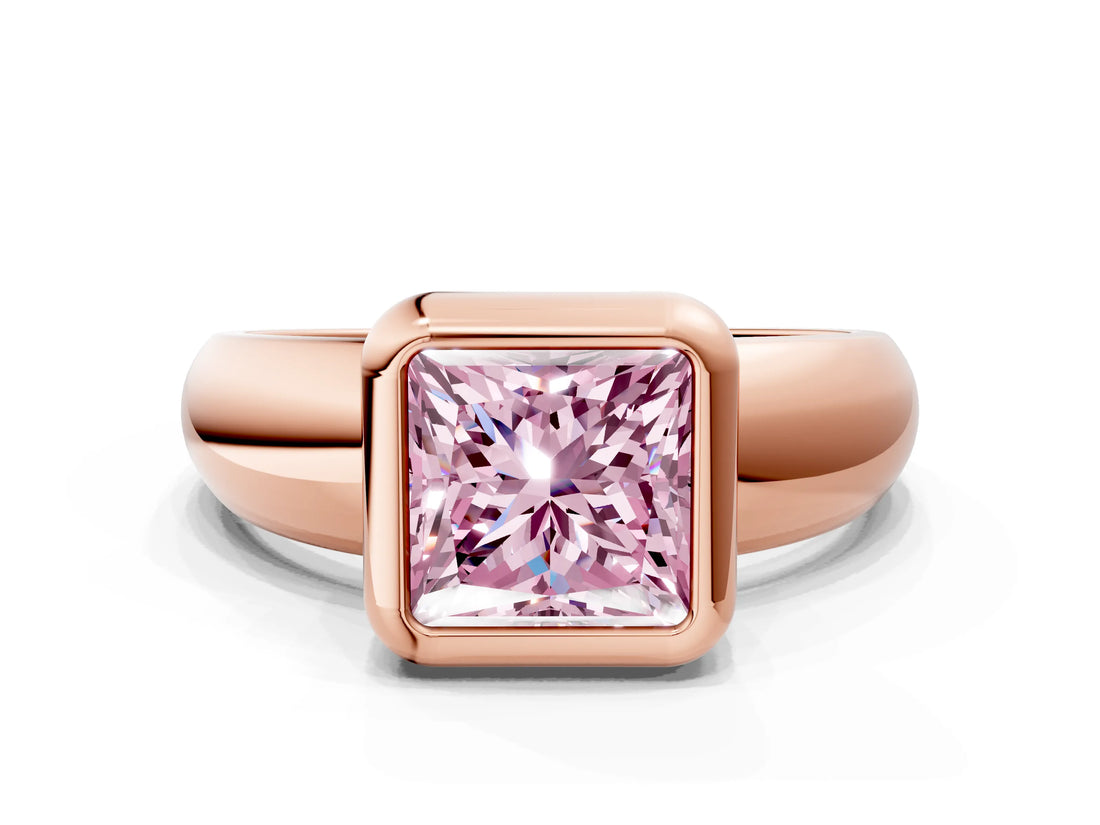 Rose gold Bezel Set Fancy Pink Princess  Solitaire Ring with Wide Band 1