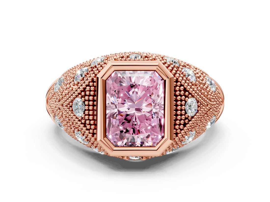 Rose gold Bezel Set Fancy Pink Radiant Cut Diamond Milgrain Band Ring