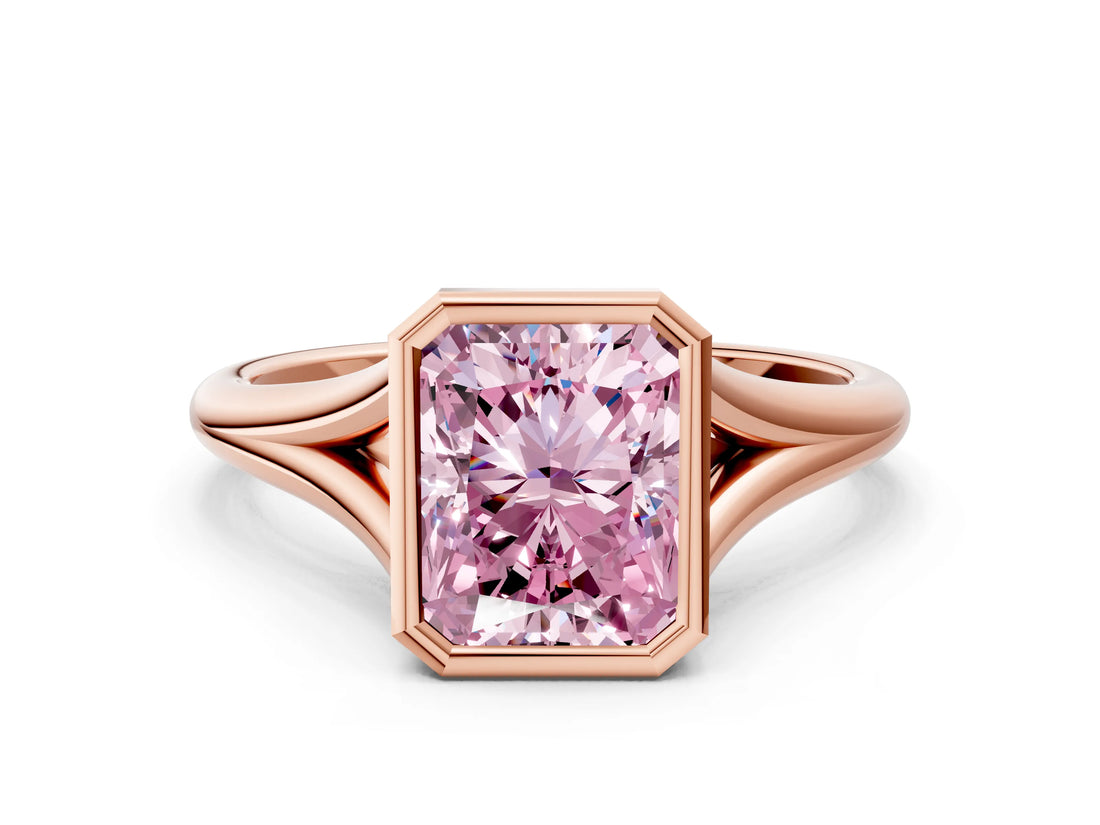 Rose gold Bezel Set Fancy Pink Radiant  Cut Solitaire Ring with Tapered Band