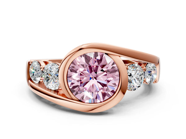 Rose Gold Round Bezel Bypass Engagement Ring Setting for Fancy Pink Center with Round Side Accents